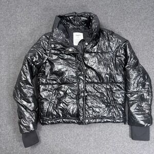 GapFit Black Cropped Puffer Jacket Womens XS Shiny Quilted Coat Hood